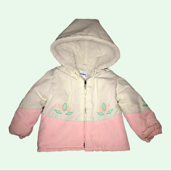 outerworks Other - Vintage Baby Fleece lined Coat 12/24 months Pink White Tulip flowers